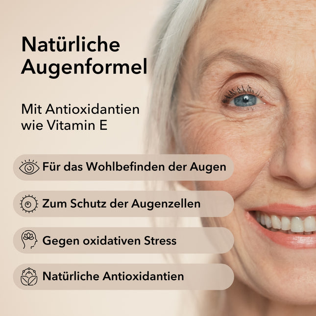 Produktinformationen zu Lutein von Medicom mit Anwendungsgebieten: für das Wohlbefinden der Augen, zum Schutz der Augenzellen, gegen oxidativen Stress, natürliche Antioxidantien. Rechts im Bild Nahaufnahme eines halben Frauengesichtes mit einem blauen Auge