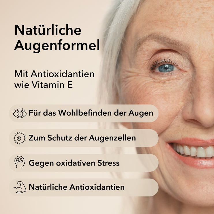 Produktinformationen zu Lutein von Medicom mit Anwendungsgebieten: für das Wohlbefinden der Augen, zum Schutz der Augenzellen, gegen oxidativen Stress, natürliche Antioxidantien. Rechts im Bild Nahaufnahme eines halben Frauengesichtes mit einem blauen Auge
