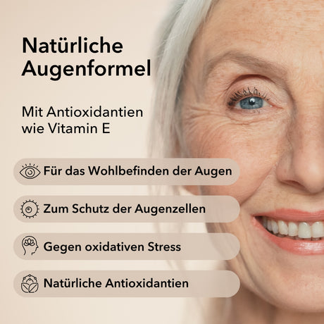 Produktinformationen zu Lutein von Medicom mit Anwendungsgebieten: für das Wohlbefinden der Augen, zum Schutz der Augenzellen, gegen oxidativen Stress, natürliche Antioxidantien. Rechts im Bild Nahaufnahme eines halben Frauengesichtes mit einem blauen Auge