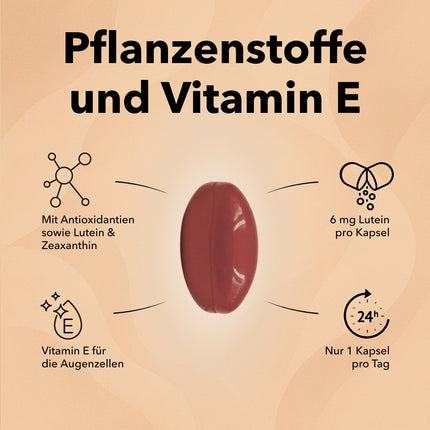Dose, Kapseln mit Pfeiltexten und Produktinformationen dazu: Mit Antioxidantien Lutein & Zeaxanthin, Vitamin E für die Augenzellen, gut für die Sehkraft, Verzehrinformationen nur 1 x täglich