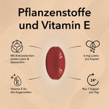 Kapsel von Lutein mit Produktinformationen dazu: Mit Antioxidantien Lutein & Zeaxanthin, Vitamin E für die Augenzellen, gut für die Sehkraft, Verzehrinformationen nur 1 x täglich