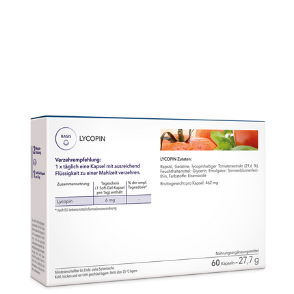 Die Rückseite der Verpackung von Lycopin – mit Angabe der Verzehrempfehlung, Zusammensetzung und Zutaten