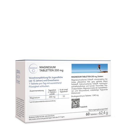 Produktpackung Magnesium Tabletten 200 mg Rückansicht mit Produktdetailinformationen
