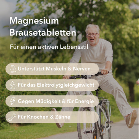 Produktinformationen zu Magnesium Brausetabletten mit Informationen zu Anwendungsgebieten: für einen aktiven Lebensstil, unterstützt Muskeln und Nerven, für das Elektrolytgleichgewicht, gegen Müdigkeit und für Energie, für Knochen und Zähne.