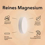 Die Tablette von Magnesium Brausetabletten 200 mg mit Produktinformationen wie 200 g reines Magnesium, nur eine Brausetablette täglich, glutenfrei, laktosefrei, für Veganer, mit frischem Zitronengeschmack.