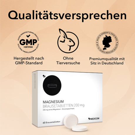 Die Produktverpackung von Magnesium Brausetabletten 200 mg mit Qualitätssiegeln und Zertifikaten 

 