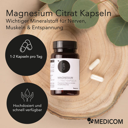 Die Produktdose von Magnesium Citrat Kapseln von Medicom mit zwei Kapseln und Produktinformationen mit Tagesdosis sowie hochdosiert und schnell verfügbar