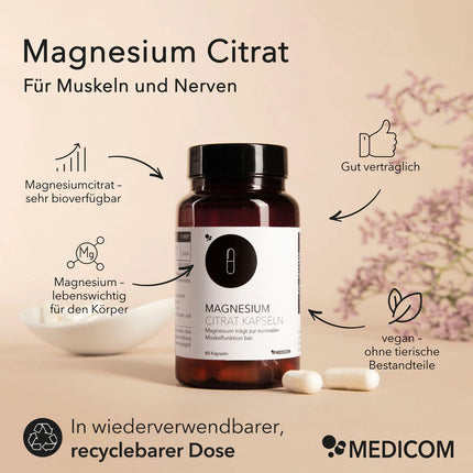 Produktinformationen zu Magnesium Citrat Kapseln von Medicom: für Muskeln und Nerven. Auflistung von Produktmerkmalen und Besonderheiten: Magnesiumcitrat – sehr bioverfügbar, Magnesium – lebenswichtig für den Körper, gut verträglich, vegan – ohne tierische Bestandteile