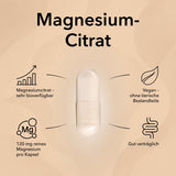 Produktinformationen zu Magnesium Citrat Kapseln von Medicom mit genauer Angabe von Inhaltsstoffen und Dosierung.
