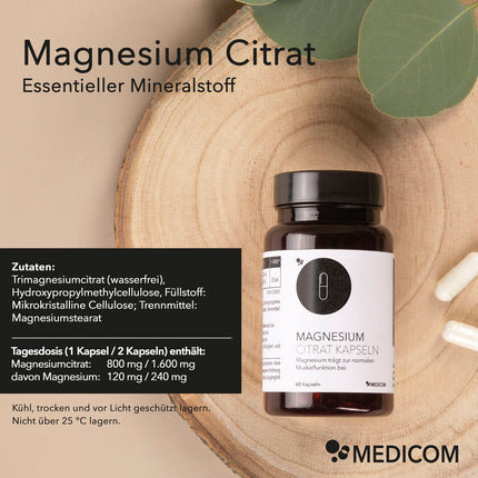 Produktinformationen zu Magnesium Citrat Kapseln von Medicom mit genauer Angabe von Zutaten und Tagesdosis sowie Aufbewahrungsempfehlung