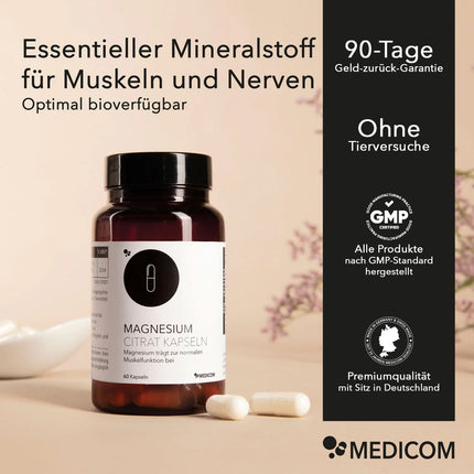 Produktinformationen zu Magnesium Citrat Kapseln von Medicom: Essentieller Mineralstoff für Muskeln und Nerven sowie Auflistung der Qualitätssiegel und Zertifikate