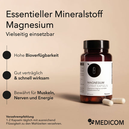 Produktinformationen zu Magnesium Citrat Kapseln von Medicom: Essentieller Mineralstoff. Auflistung von Produktmerkmalen: vielseitig einsetzbar, hohe Bioverfügbarkeit, gut verträglich und schnell wirksam sowie bewährt für Muskeln, Nerven und Energie