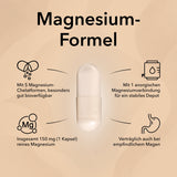 Die Kapsel von Magnesium Complex mit Produktinformationen zu Magnesium Complex: Inhaltsstoffe, Dosierung pro Kapsel und verträglich auch für empfindliche Mägen.