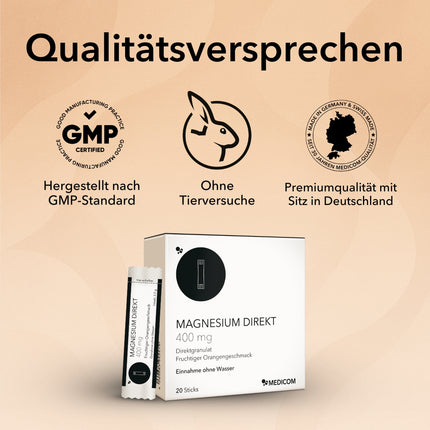 Die Produktverpackung von Magnesium Direkt 400 mg mit der Packung in schwarz und weiß und einem Stick. Qualitätssiegeln und Zertifikate wie GMP Certified, ohne Tierversuche und Premiumqualität mit Sitz in Deutschland 