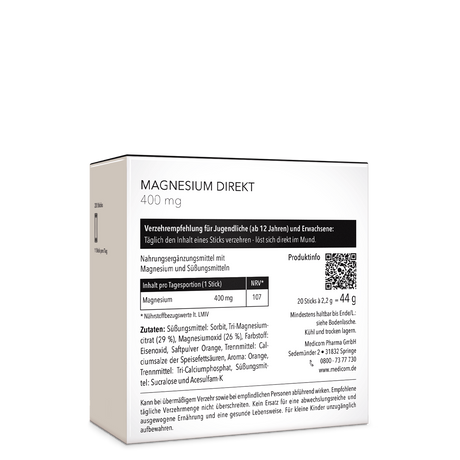 Die Rückseite von Magnesium Direkt 400 mg mit genauer Angabe von Verzehrempfehlung, Zusammensetzung und Zutaten.