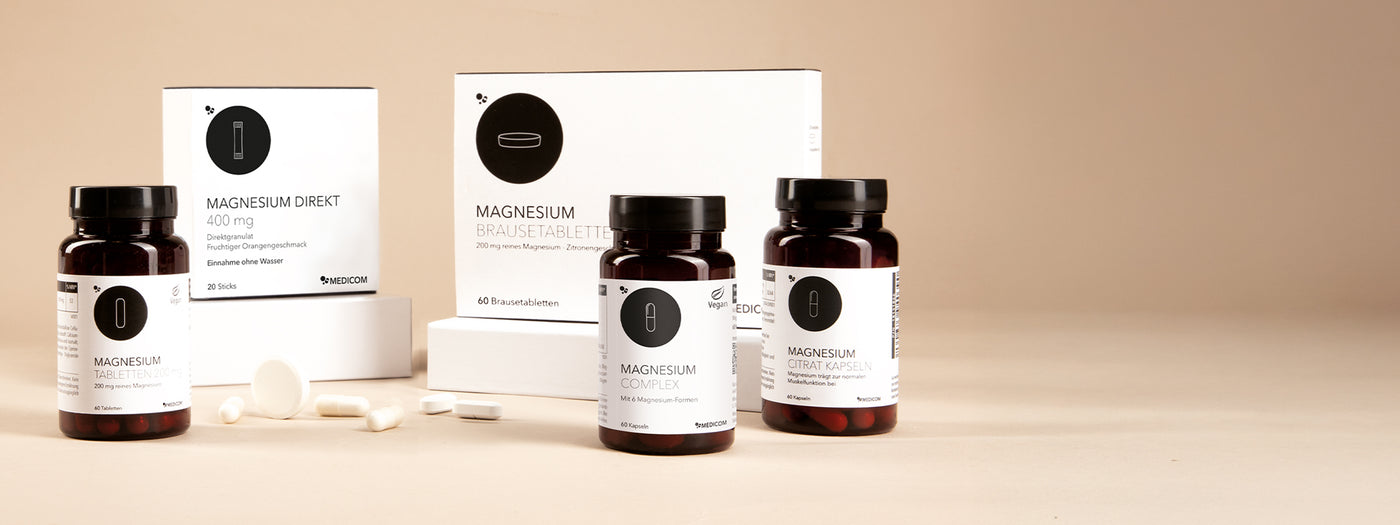 Magnesium-Produkte von Medicom: Magnesium Tabletten, Magnesium Direkt Sticks, Magnesium Brausetabletten, Magnesium Complex, Magnesium Citrat Kapseln.