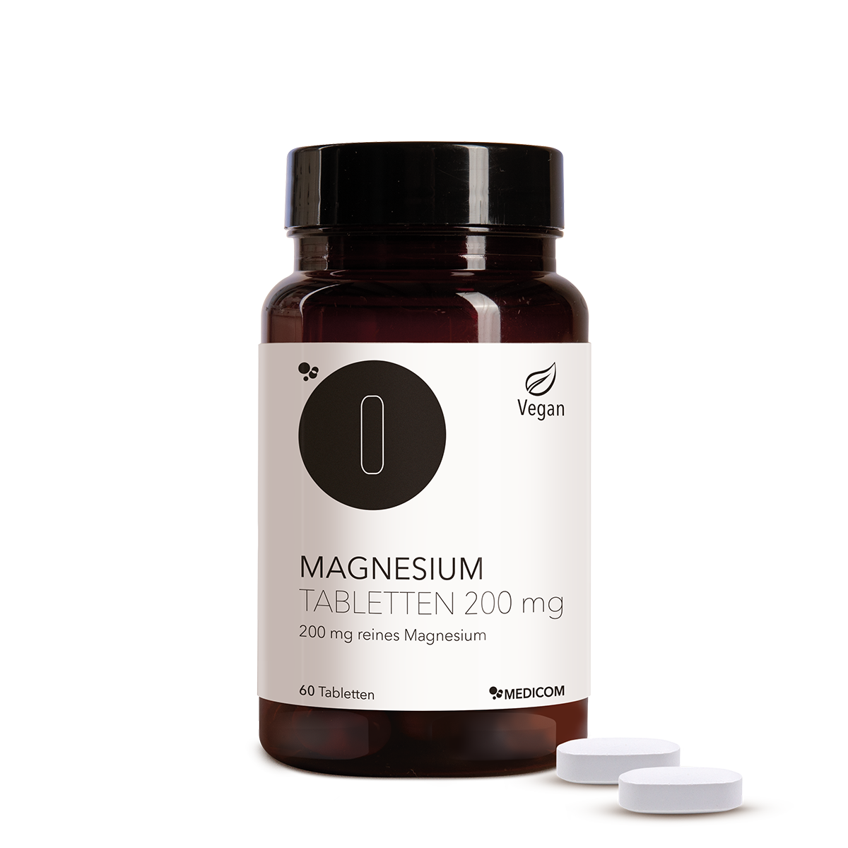 Produkt Magnesium Tablette 200 mg von Medicom in der Vorderansicht. 2 Tabletten des Produktes im Vordergrund.