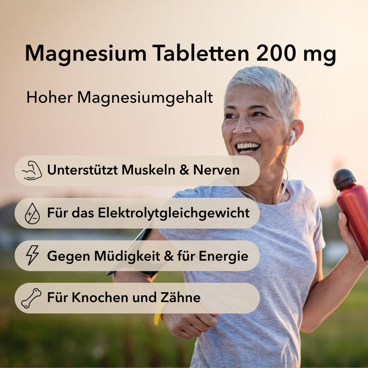 Produktinformationen zu Magnesium Tabletten 200 mg von Medicom. Eine ältere Joggerin (rechts im Bild). Die Anwendungsgebiete von Magnesium: Muskeln und Nerven, Elektrolytgleichgewicht, gegen Müdigkeit und für Energie , für Knochen und Zähne.