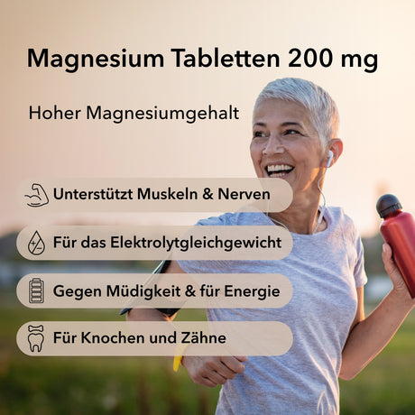 Produktinformationen zu Magnesium Tabletten 200 mg von Medicom. Eine ältere Joggerin (rechts im Bild). Die Anwendungsgebiete von Magnesium: Muskeln und Nerven, Elektrolytgleichgewicht, gegen Müdigkeit und für Energie , für Knochen und Zähne.