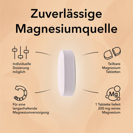 Produktinformationen zu Magnesium Formen: Indiviuelle Dosierung möglich, teilbare Tabletten, für eine langanhaltende Magnesiumversorgung, 1 Tablette liefert 200 mg reines Magnesium
