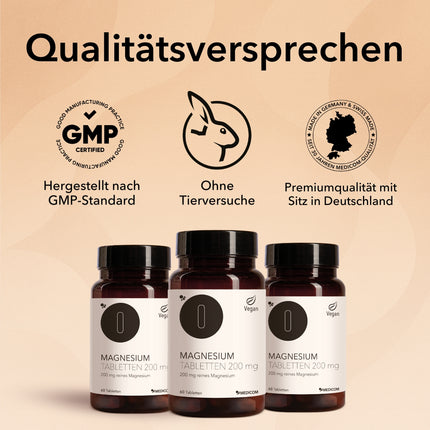 Produktinformationen zu Magnesium Tabletten 200 mg. Qualitätsversprechen mit  GMP-Standard, ohne Tierversuche und Premiumqualität mit Sitz in Deutschland.
