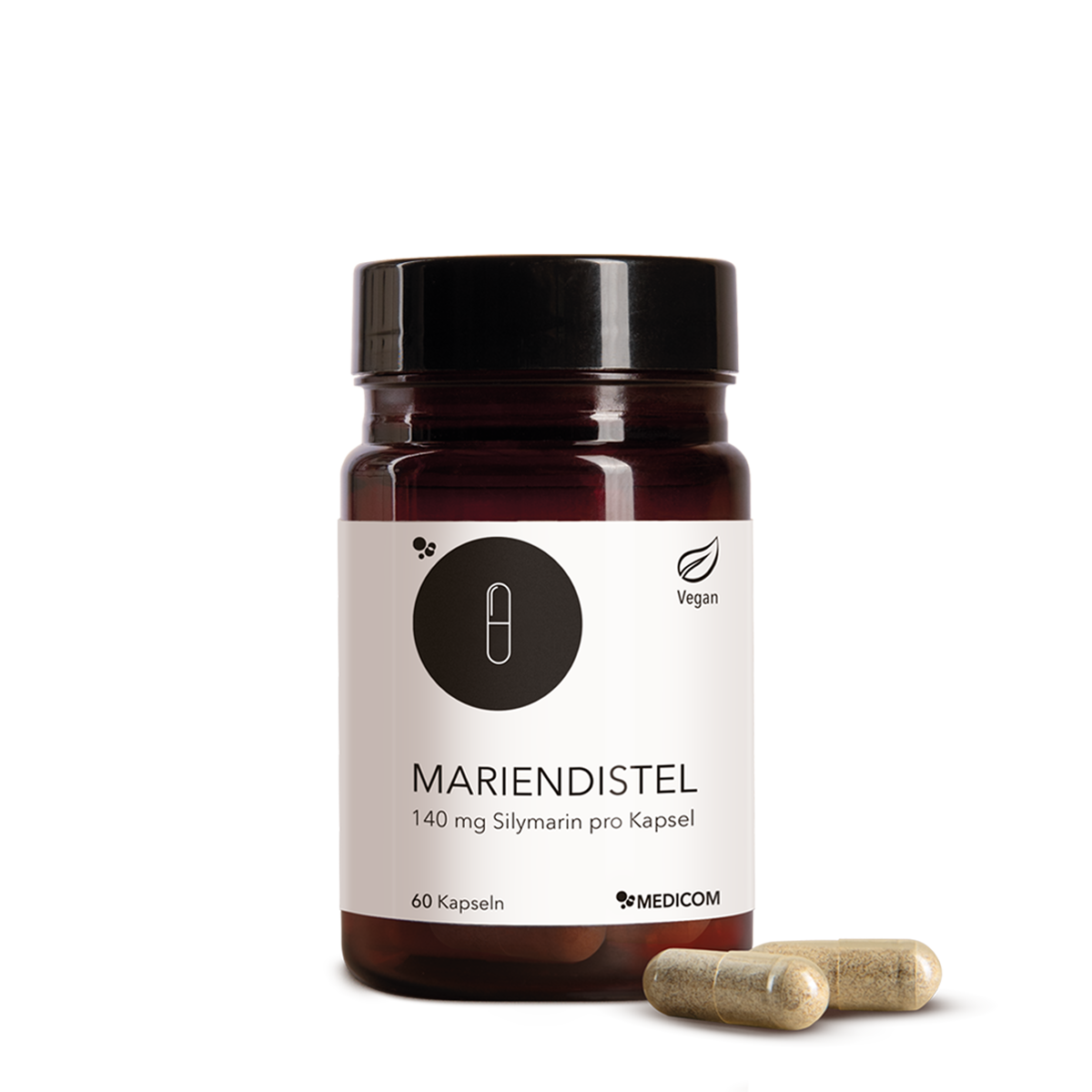 Produktdose Mariendistel von Medicom in der Vorderansicht mit zwei Kapseln im Vordergrund