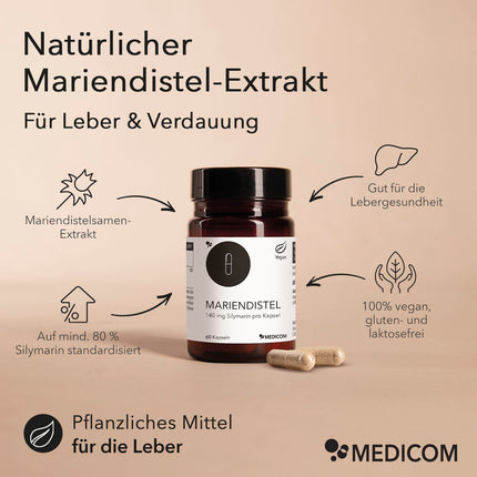 Die Produktdose von Mariendistel mit zwei Kapseln im Vordergrund und Pfeiltexte und Produktinformationen dazu mit folgendem Text: Mariendistelsamen-Extrakt, auf mind. 80 % Silymarin standardisiert, gut für die Lebergesundheit, 100% vegan, gluten- und laktosefrei, pflanzliches Mittel für die Leber