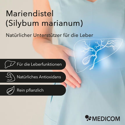 Produktinformationen zu Mariendistel von Medicom mit Anwendungsgebieten: für die Leberfunktionen, natürliches Antioxidans, rein pflanzlich. Rechts im Bild: Eine Frau in einem blauen Kleid hält Ihre Hand an die Leber