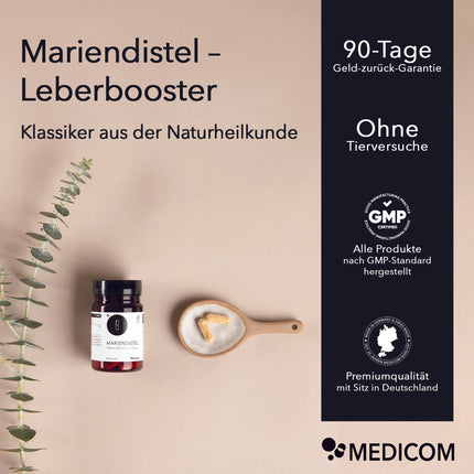 Produktinformationen Mariendistel von Medicom mit der Produktdose und zwei Kapseln im Vordergrund. Auflistung der Qualitätssiegel und Zertifikate von Medicom