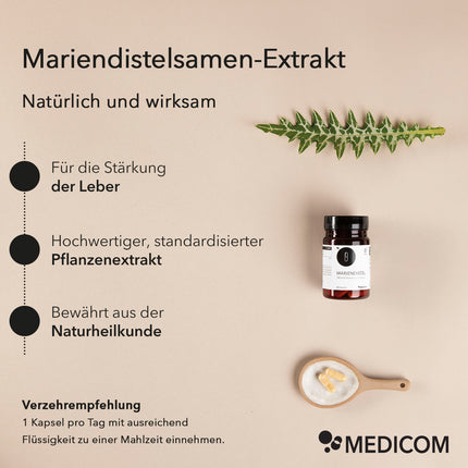 Produktinformationen zu Mariendistel von Medicom: Auflistung von Produktmerkmalen: für die Stärkung der Leber, hochwertiger Pflanzenextrakt: 1 Tablette täglich mit ausreichend Flüssigkeit zu den Mahlzeiten einnehmen. Rechts im Bild: Ein Mariendistelzweig, Produktdose und ein Keramiklöffel