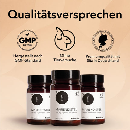 Produktinformationen Mariendistel von Medicom mit der Produktdose und zwei Kapseln im Vordergrund. Auflistung der Qualitätssiegel und Zertifikate von Medicom