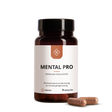 A brown pill bottle labeled Median Mental Pro with Lion’s Mane and CDP-Cholin, plus two brown capsules beside it on a white background, to support kognitive Leistung.