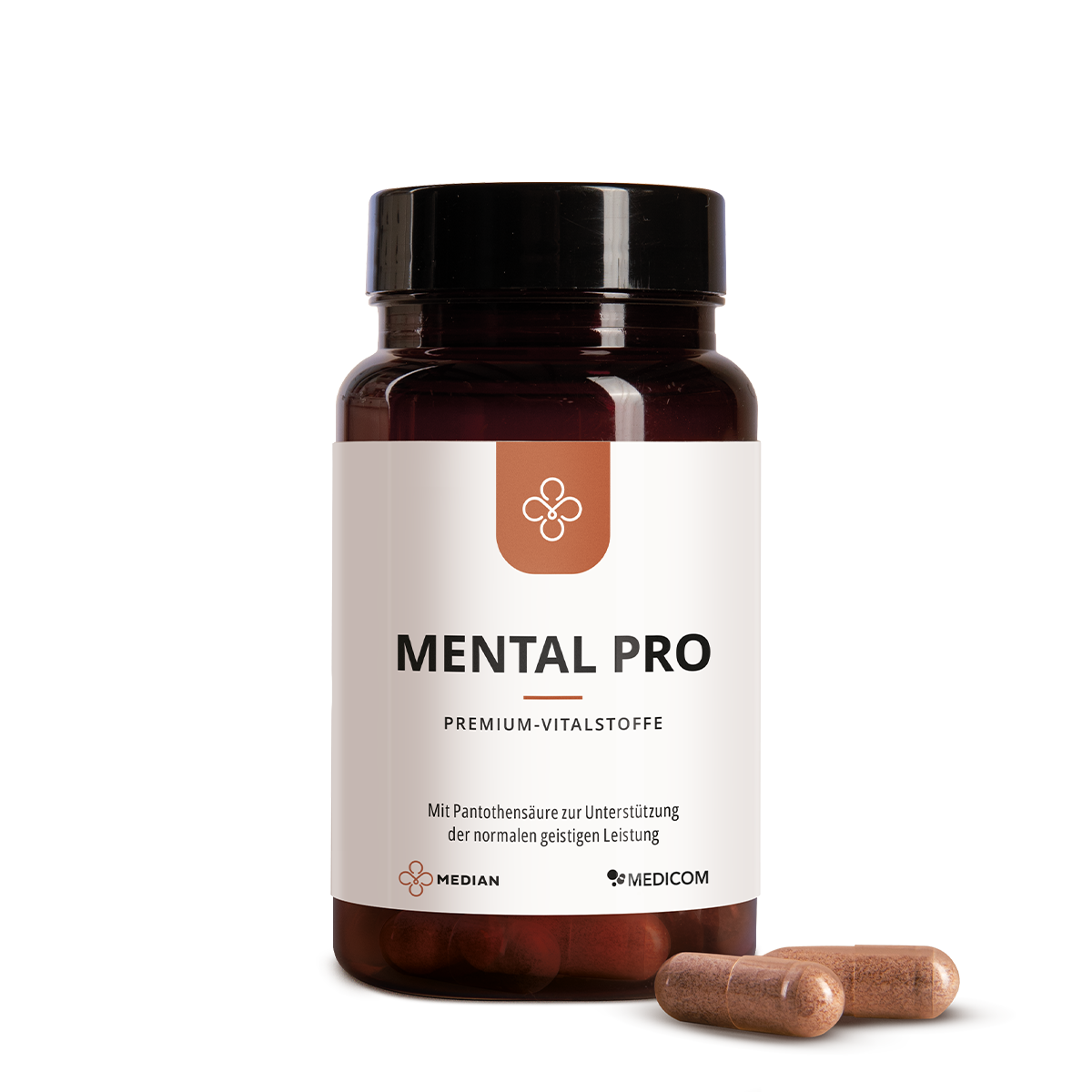 A brown pill bottle labeled Median Mental Pro with Lion’s Mane and CDP-Cholin, plus two brown capsules beside it on a white background, to support kognitive Leistung.