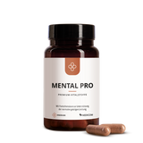 A brown pill bottle labeled Median Mental Pro with Lion’s Mane and CDP-Cholin, plus two brown capsules beside it on a white background, to support kognitive Leistung.