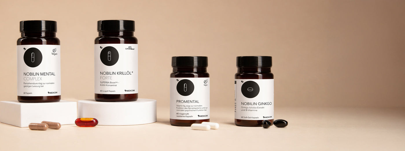 Einige Mentalprodukte von Medicom wie Nobilin Mental Complex, Nobilin Krillöl® Forte, ProMental, Nobilin Ginkgo 