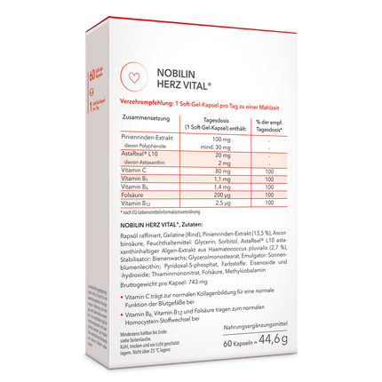 Die Rückansicht der Produktpackung Nobilin Herz Vital® mit genauer Information zu Verzehrempfehlung, Zusammensetzung und Zutaten