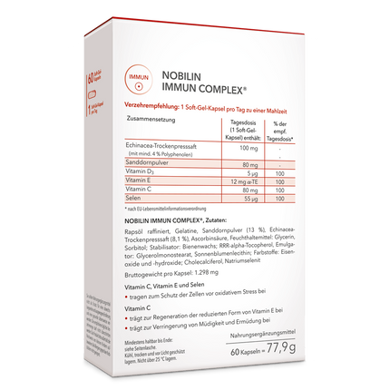 Die Rückansicht der Produktpackung Nobilin Immun Complex® mit genauer Information zu Verzehrempfehlung, Zusammensetzung und Zutaten 