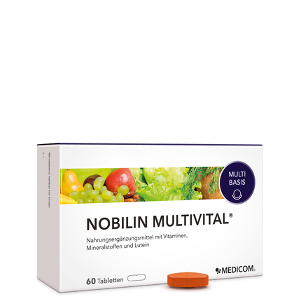 Nobilin Multvital® ­­ - die Vorderansicht der Packung mit einer Tablette vor der Produktpackung