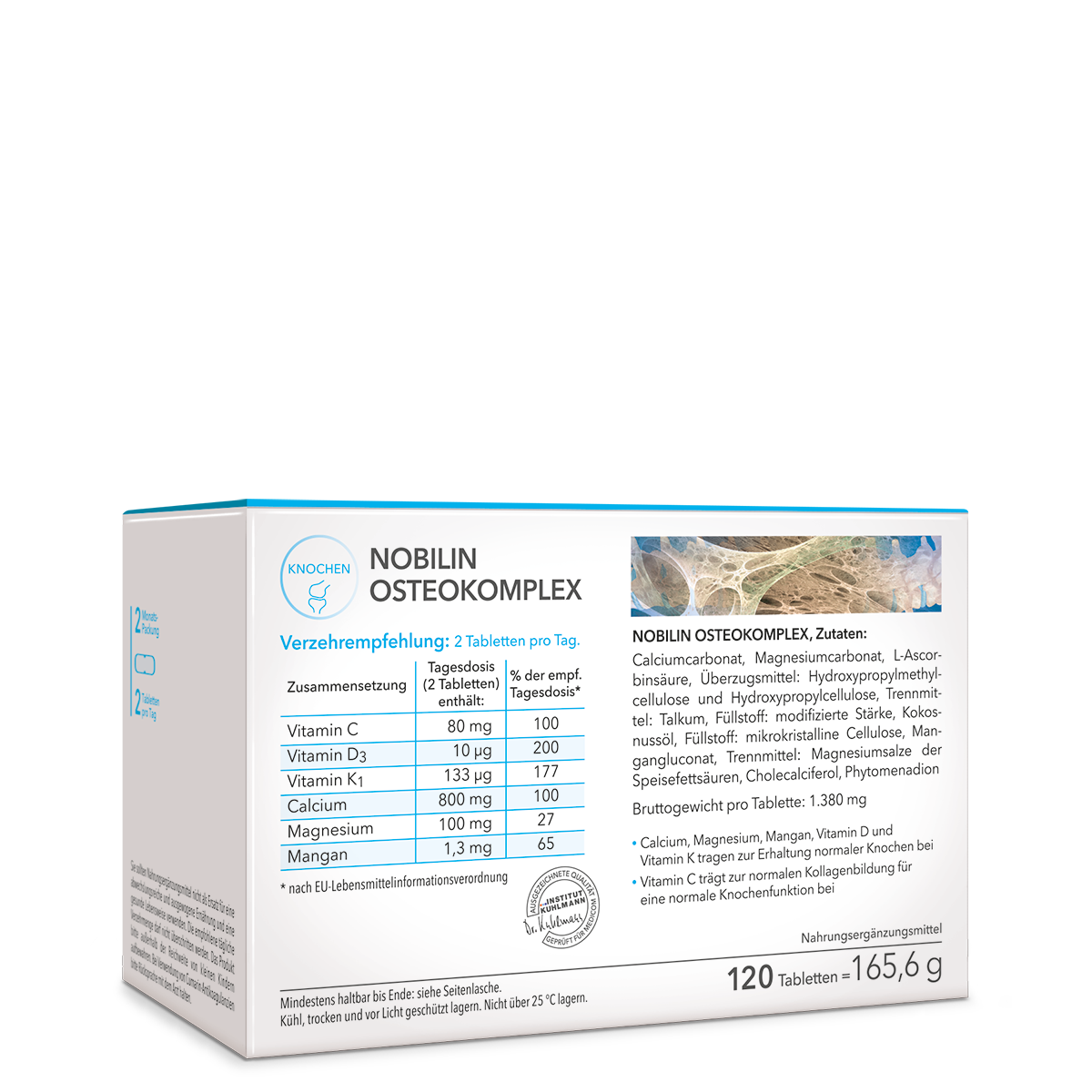 Nobilin Osteokomplex – die Rückseite der Produktpackung mit genauer Angabe von Verzehrempfehlung, Zutaten und Zusammensetzung