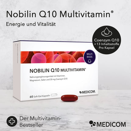 Nobilin Q10 Multivitamin®-Packung und Produktinformationen: Energie und Vitalität, Coenzym Q10 plus 13 Inhaltsstoffe pro Kapsel. Der Multivitamin-Bestseller.