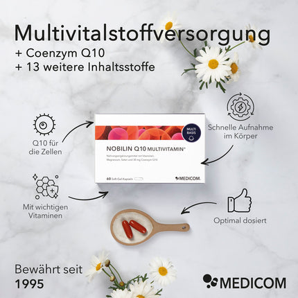 Produktinformationen zu Nobilin Q10 Multivitamin® mit Coenzym Q10 und 13 weiteren Inhaltsstoffen, Q10 für die Zellen, mit wichtigen Vitaminen, schnelle Aufnahme im Körper, optimal dosiert