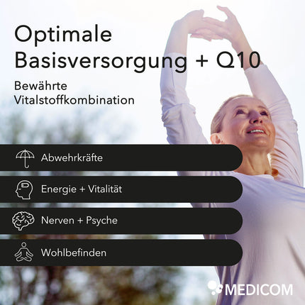 Nobilin Q10 Multivitamin® – Produktinformationen mit Anwendungsgebieten: Abwehrkräfte, Energie + Vitalität, Nerven + Psyche und Wohlbefinden.