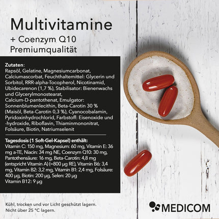 Nobilin Q10 Multivitamin® –  Produktinformationen mit genauer Angabe von Zutaten und Tagesdosis und Inhalt einer Soft-Gel-Kapsel