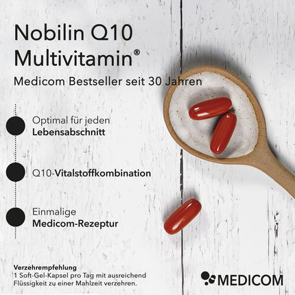 Nobilin Q10 Multivitamin® mit Produktinformationen: Medicom Bestseller seit 30 Jahren, optimal für jeden Lebensabschnitt, Q10-Vitalstoffkombination, einmalige Medicom-Rezeptur 