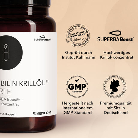 Produktinformationen, Qualitätssiegel und Zertifikate von Nobilin Krillöl® Forte von Medicom, zum Beispiel  hochwertiges Krillöl-Konzentrat, GMP-Standard zertifiziert, ohne Tierversuche. Im Bild drei Produktdosen Medicom