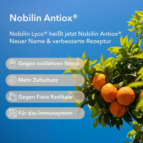 Produktinformationen zu Nobilin Antiox®. Angabe von vier Anwendungsgebieten: gegen oxidativen Stress, mehr Zellschutz, gegen Freie Radikale und für das Immunsystem. Rechts im Bild: Bitterorangen und Blätter auf blauem Hintergrund
