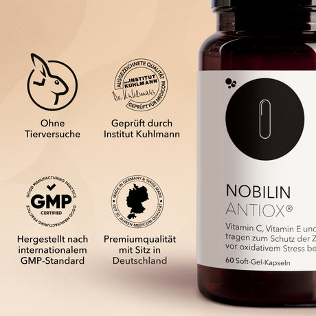 Die Produktdose von Nobilin Antiox® mit Medicom Qualitätsmerkmalen und Zertifikaten 