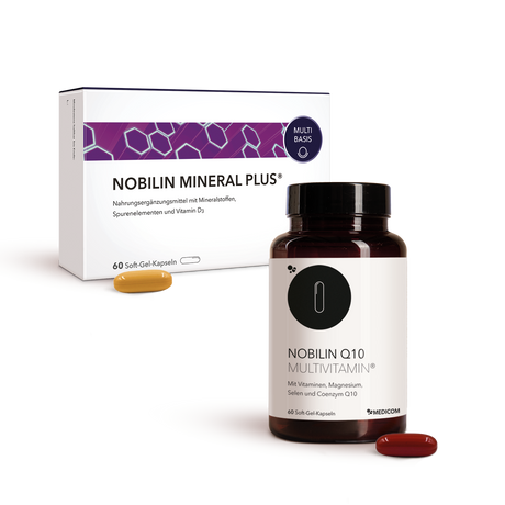 Die Produktkombination von Nobilin First mit Nobilin Mineral Plus® und Nobilin Q10 Multivitamin® in der Vorderansicht