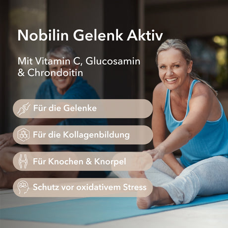 Eine Frau macht eine Dehnübung und lächelt in die Kamera. Produktinformationen zu Nobilin Gelenk Aktiv® mit der Angabe von Inhaltsstoffen und Anwendungsgebieten: für die Gelenke, für die Kollagenbildung, für Knochen und Knorpel und Schutz vor oxidativem Stress.