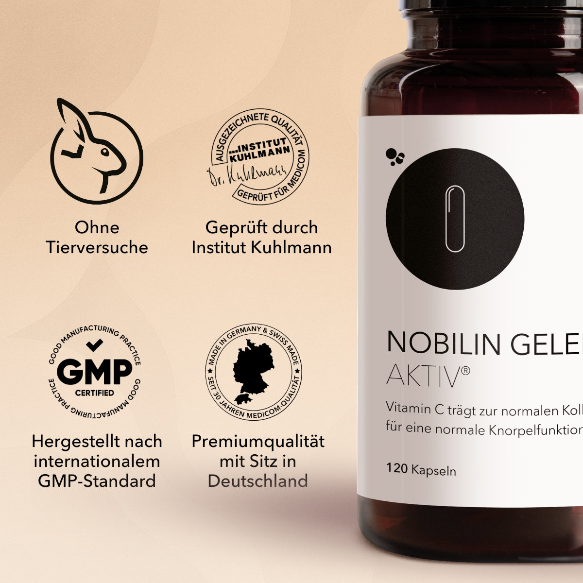 Nobilin Gelenk Aktiv® – Zertifikate und Siegel von dem Produkt, 1 Produktdose von Nobilin Gelenk Aktiv® und die Siegel wie GMP-Standard, ohne Tierversuche, Premiumqualität mit Sitz in Deutschland und Institut Kuhlmann